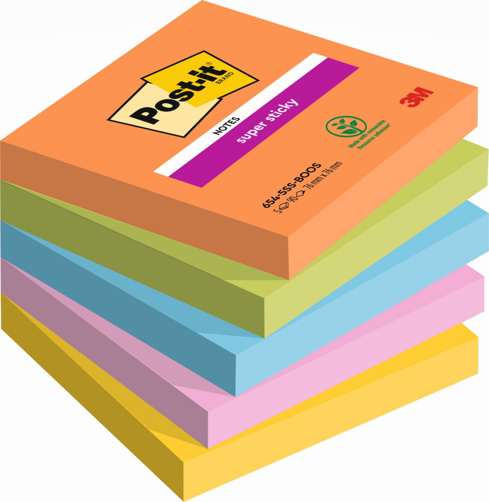 Post-it Notes repositionnables Super Sticky Boost 76 x 76 mm - Assorties - Lot 5 blocs de 90 feuilles