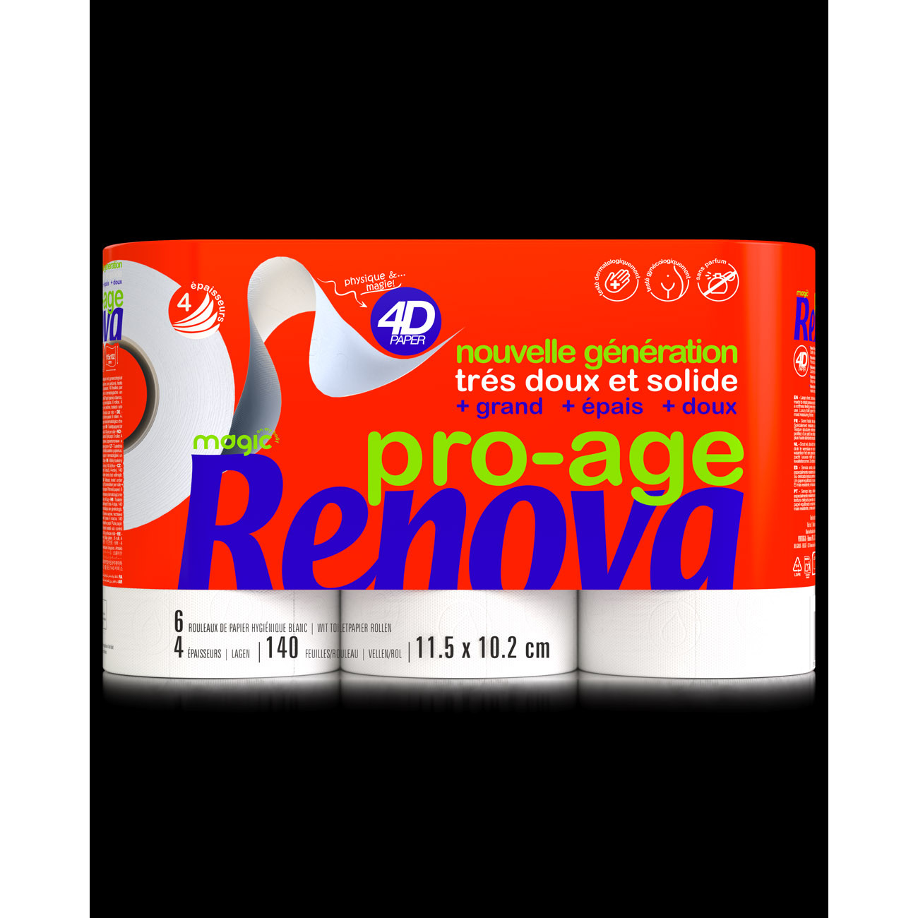 Renova Papier toilette Magic 4D Pro Age - Rouleau de 140 feuilles - Blanc - Lot de 6 rouleaux