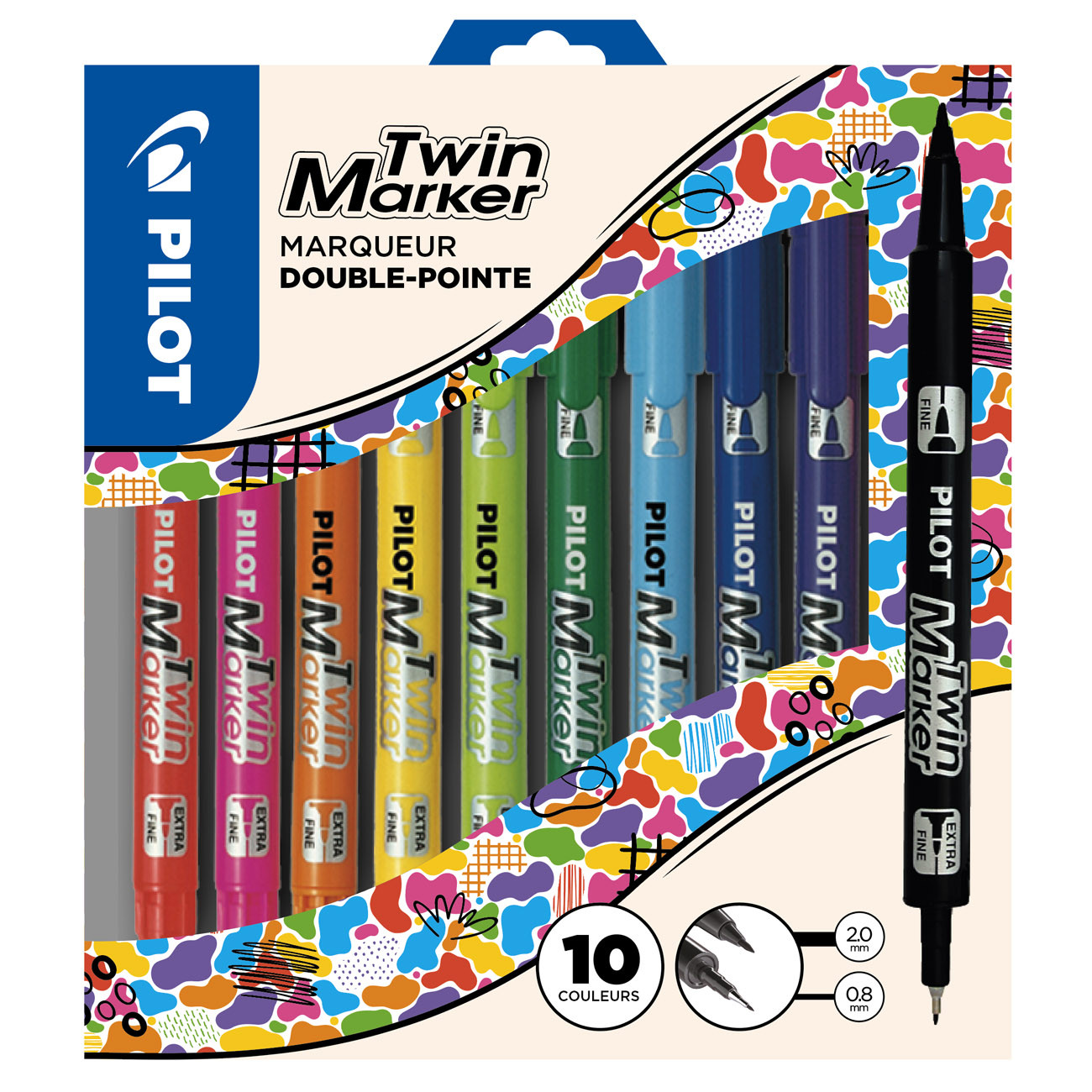 Pilot Marqueur permanent Twin Marker 2 pointes 0,8 mm et 2 mm - Pochette de 10 assorties