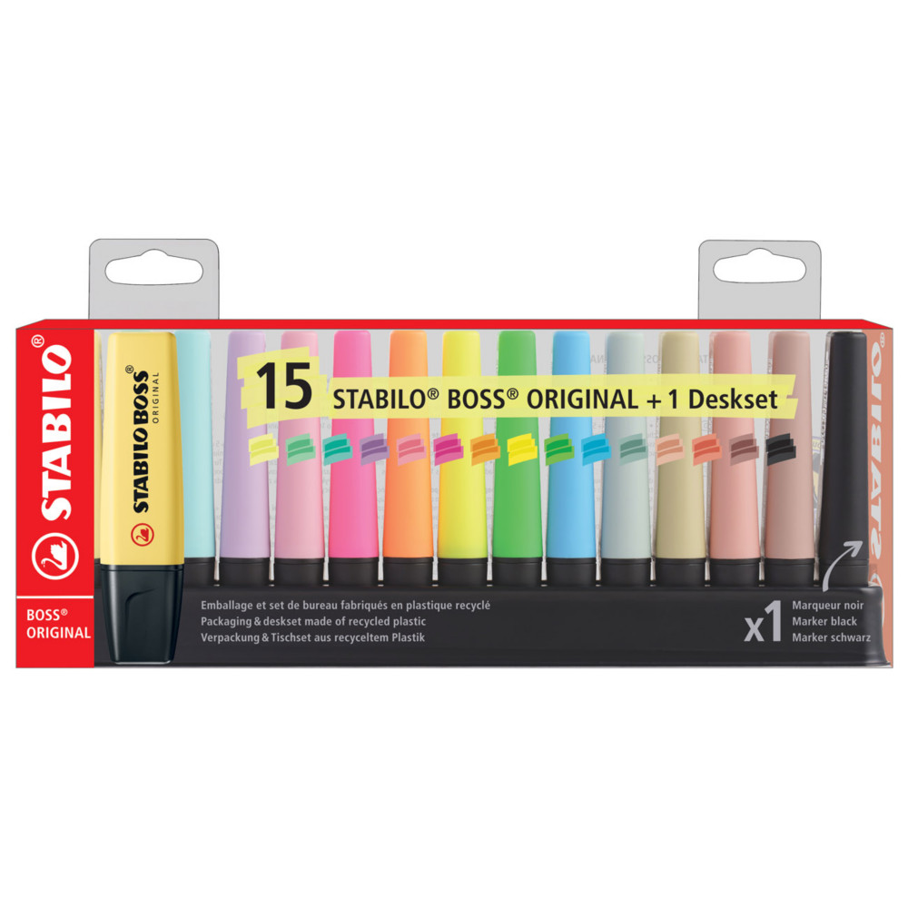 STABILO BOSS ORIGINAL - Surligneur pointe biseaute 2 et 5 mm - Set de bureau de 15 coloris assortis fluo, pastel + 1 marqueur noir