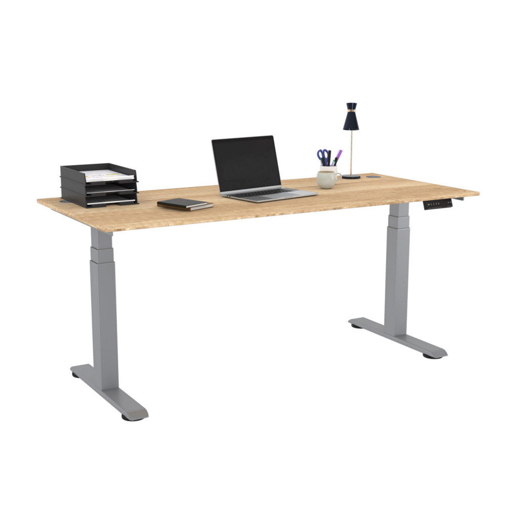 Bureau assis-debout Activ'o - Rglage lectrique en hauteur - L.180 x P.80 cm - Plateau Chne Nebraska avec obturateurs - Pieds mtal Gris