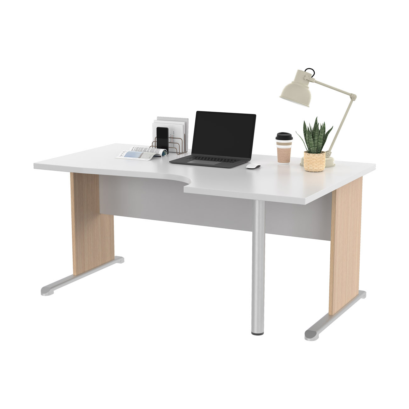 Bureau d'angle compact retour à droite Pronto Bois - L.160 x P.100 cm - Plateau Blanc - Pieds L Chêne