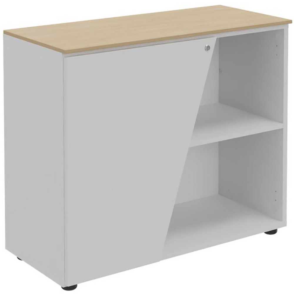 Armoire basse porte  gauche Rha - L. 90 x P. 40 x H. 76 cm - Plateau Chne - Porte Blanche
