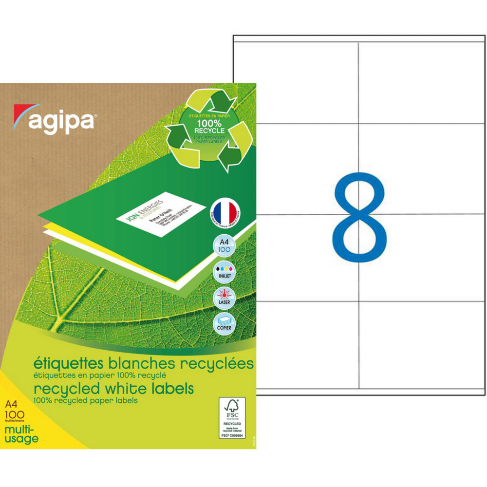 AGIPA 101192 Etiquettes blanches recycles multi-usage 105 x 70 mm - Bote de 800