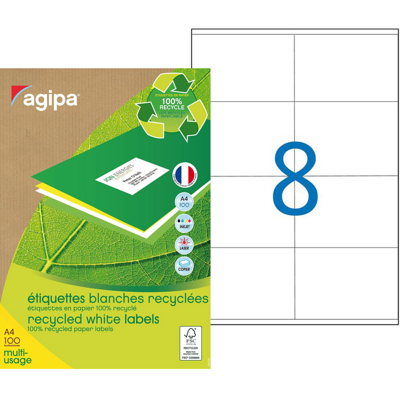AGIPA 101192 Etiquettes blanches recyclées multi-usage 105 x 70 mm - Boîte de 800