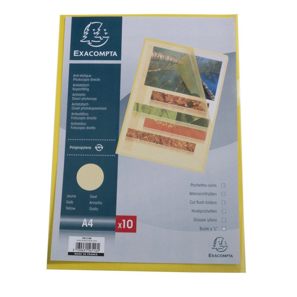 Exacompta Pochettes coin A4 polypropylne grain 12/100 - Jaune translucide - Bote de 10