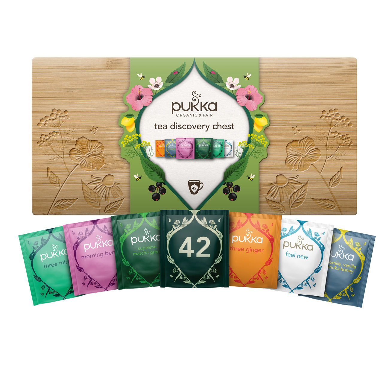Pukka Coffret Découverte en Bambou Idée Cadeau Femme et Homme Coffret Cadeau Tisanes Cadeau Thé 100% Bio Saint Valentin Anniversaire 6 Saveurs Matcha Gingembre 42 Sachets