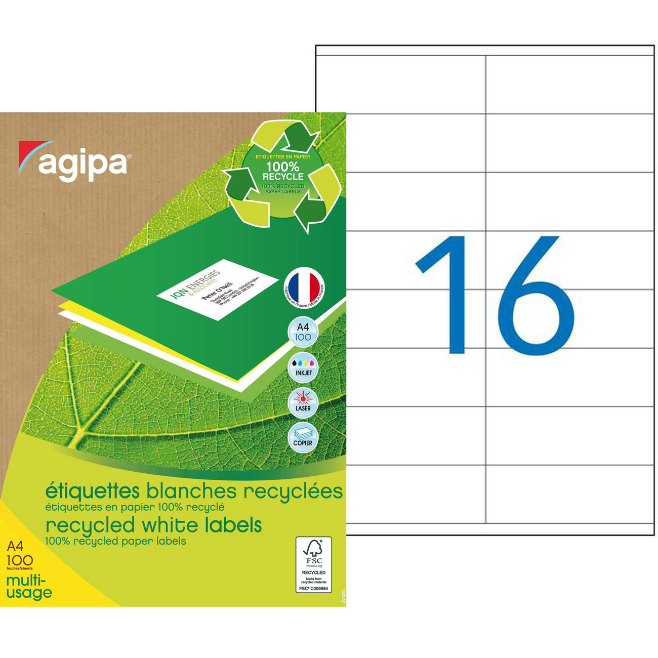 AGIPA 101189 Etiquettes blanches recyclées multi-usage 105 x 35 mm - Boîte de 1600