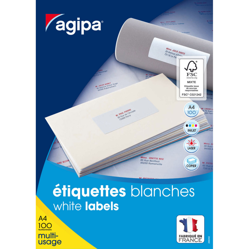 AGIPA 100634 Etiquettes blanches coins droits multi-usage 51 x 33,8 mm - Boite de 3200