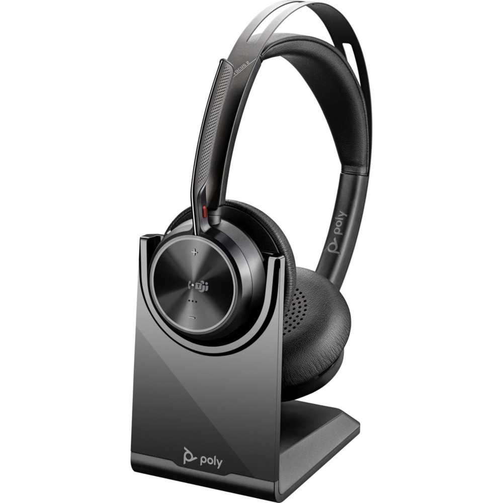 Poly Voyager Focus 2 Duo Casque sans fil Bluetooth + Dongle USB-C et adapteur USB-A avec socle de charge