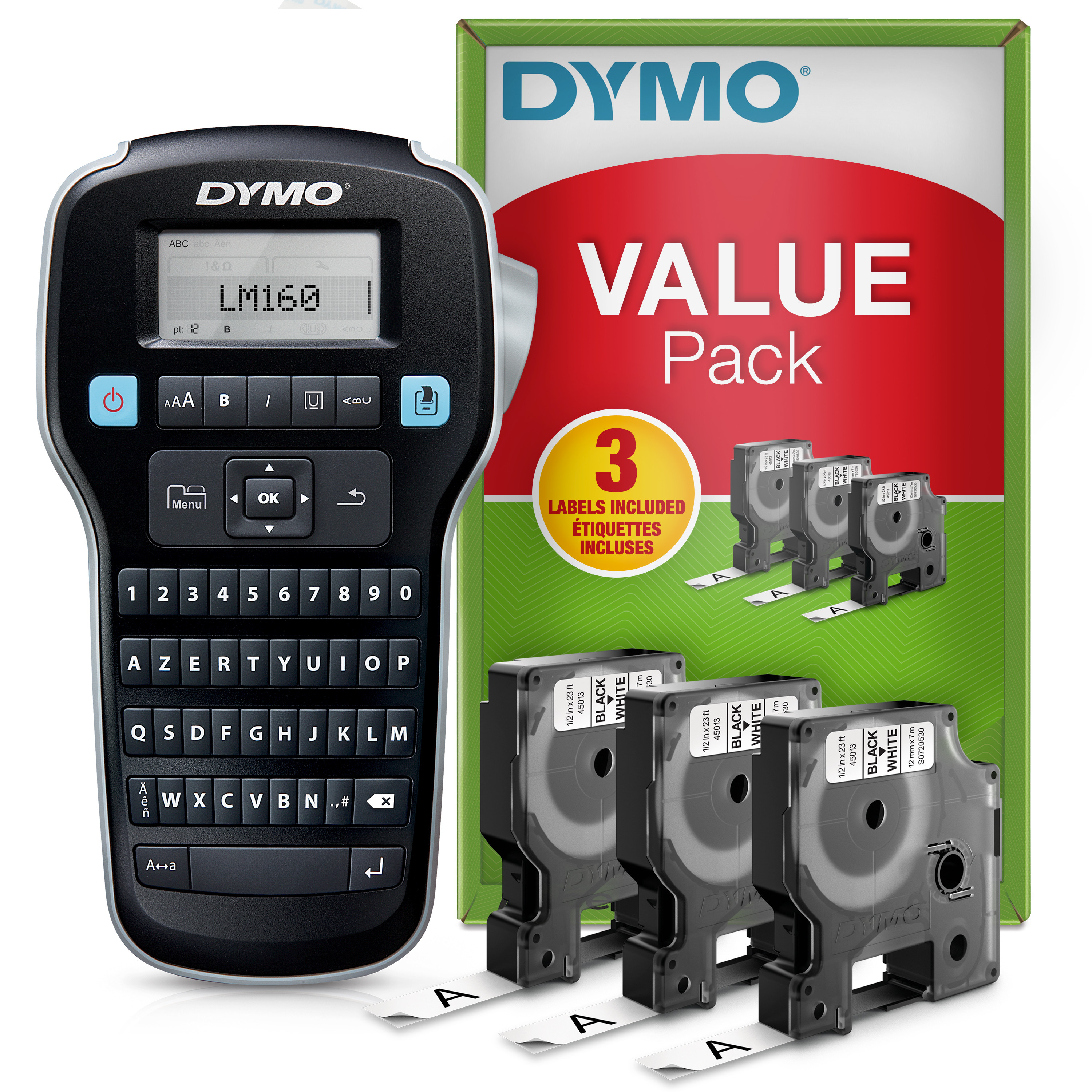 Dymo Pack étiqueteuse LabelManager 160 + 3 rubans D1 12 mm x 7 m noir sur blanc
