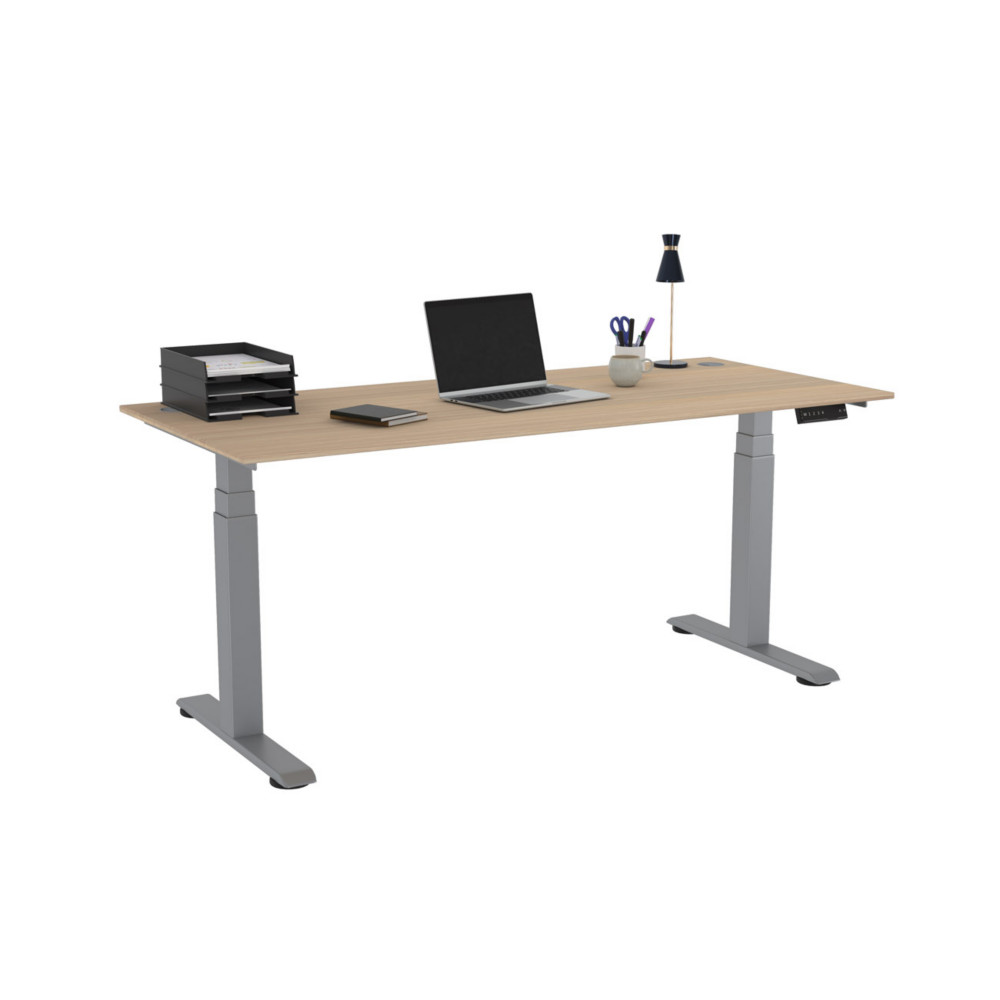 Bureau assis-debout Activ'o - Rglage lectrique en hauteur - L.180 x P.80 cm - Plateau Chne avec obturateurs - Pieds mtal Gris