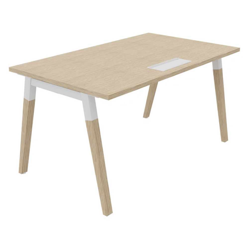 Bureau droit Burocolor A avec trappe d'accs - L.140 x P.80 cm - Plateau Chne - Pieds Bois/Blanc