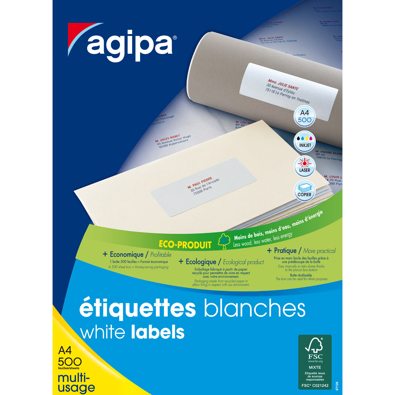 AGIPA 100799 Etiquettes blanches coins droits multi-usage 38 x 21,2 mm - Boite de 32500