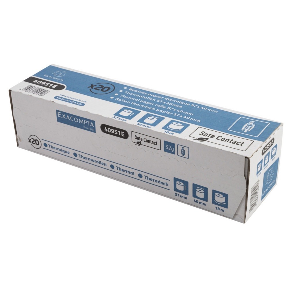 Exacompta Bobine TPE carte bancaire 57 x 40 x 12 mm - Longueur 18M - 40951E - Rouleau Papier thermique 1 pli 52g sans Phnol safe contact - Lot de 20