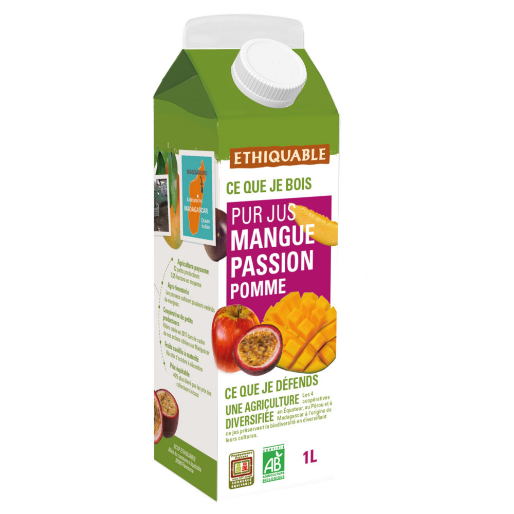 Ethiquable Pur jus de fruit mangue pomme passion Bio et quitable 1 L - Lot de 8