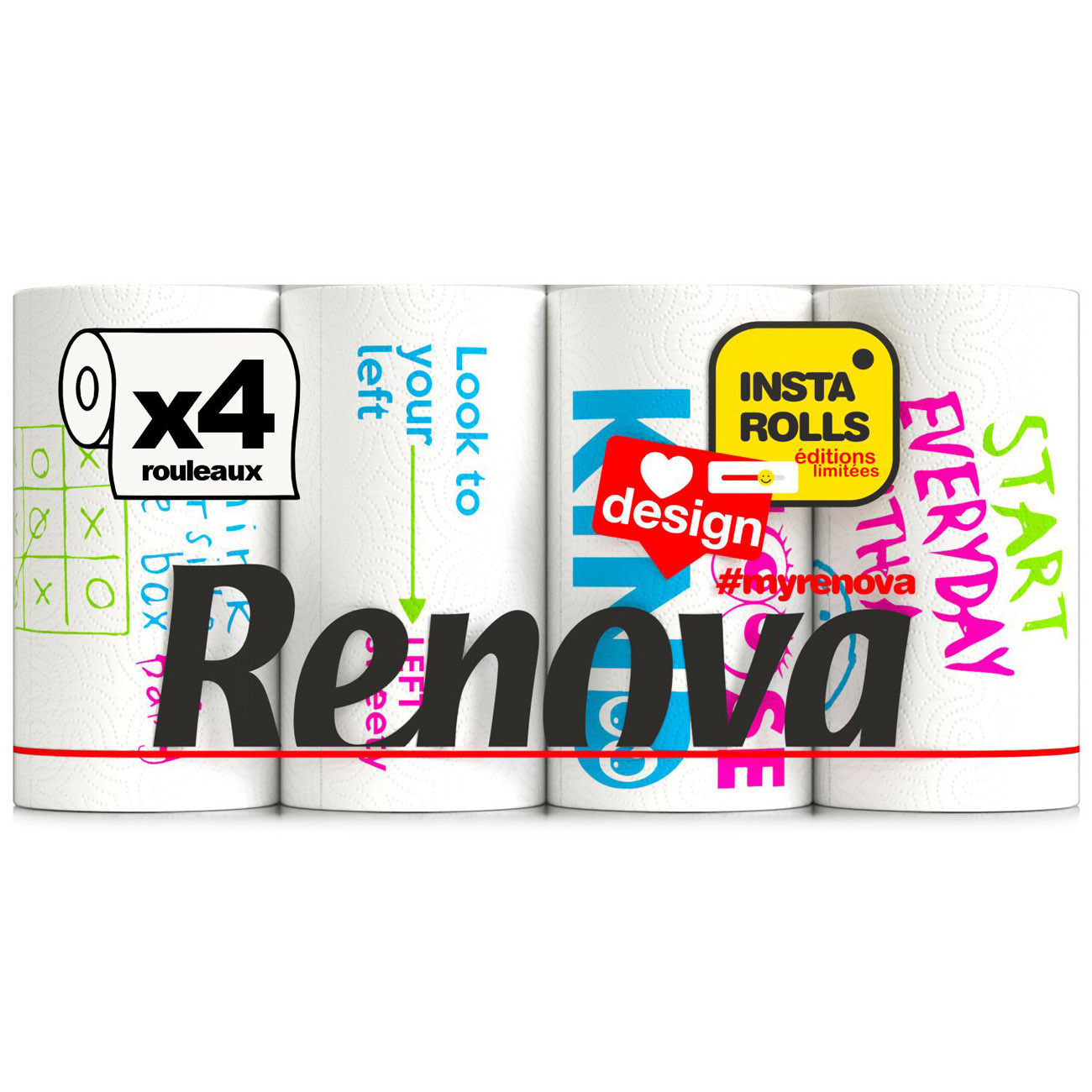 Renova Essuie-tout Kitchen Roll Design Instagram - Lot de 4 rouleaux