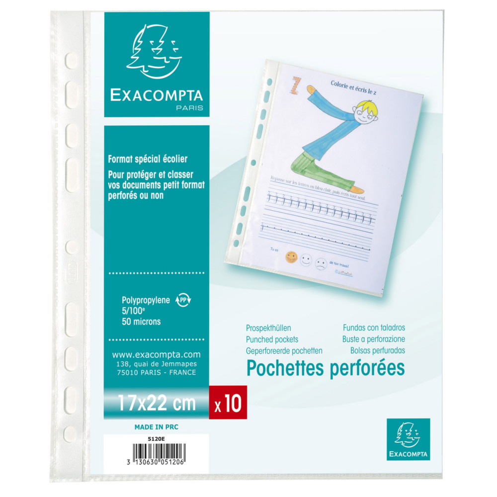 Exacompta Pochettes perfores transparentes A5 17x22 cm polypropylne 5/100e graines cristal - Lot de 10