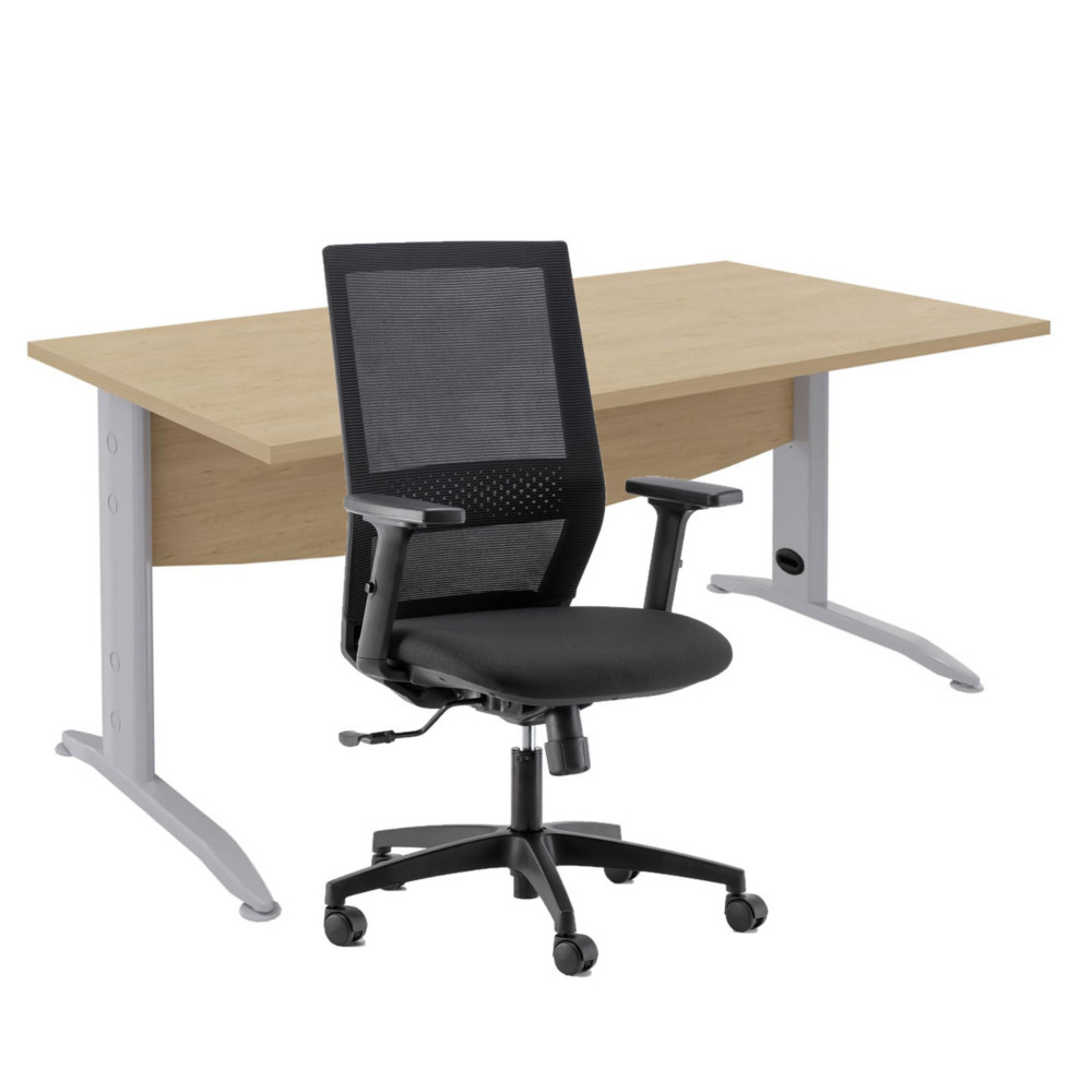 Pack Bureau droit Activity Mtal L.140 x P.80 cm Plateau Chne - Pieds L Aluminium + Sige Tho maille /  Tissu Noir