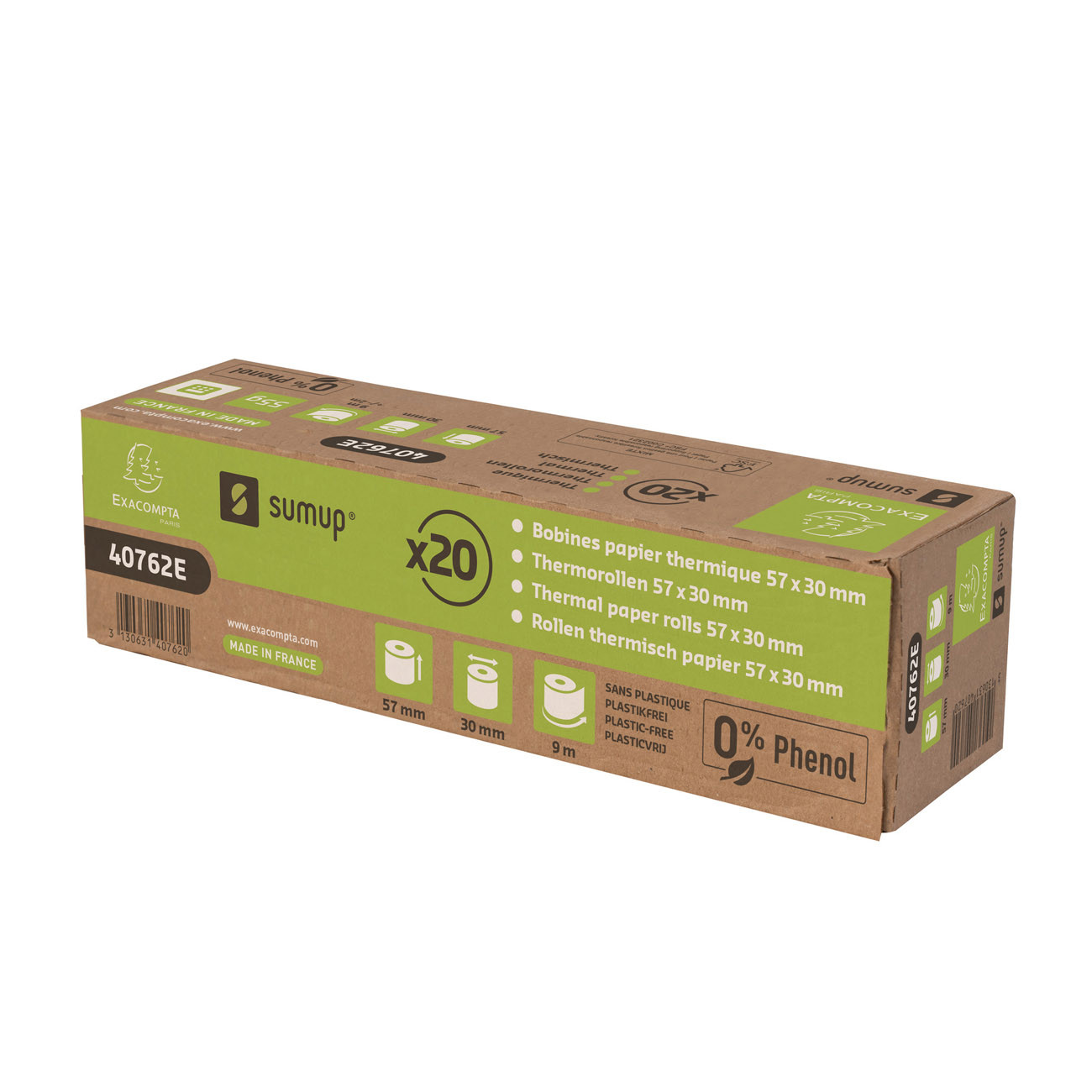 Exacompta Bobine tickets carte bancaire SumUp 57 x 30 x 9 mm - Longueur 9M - 40762E - Rouleau Papier thermique 1 pli 55g sans phénol A - Lot de 20