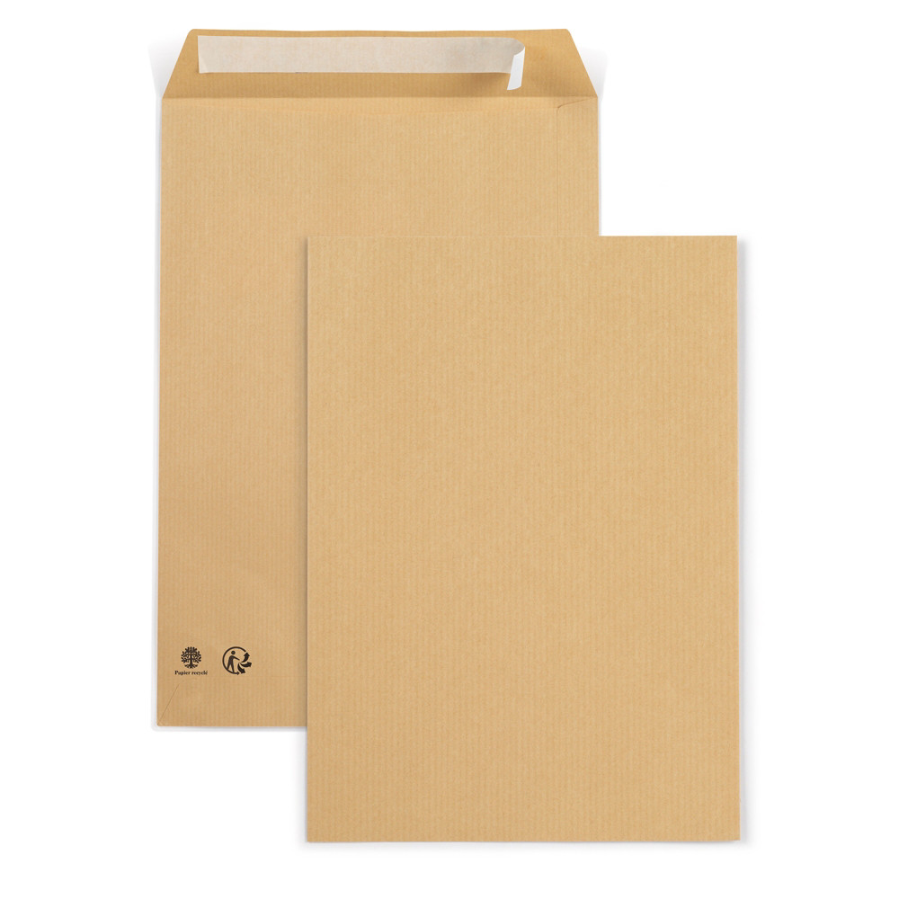 RAJA Pochette kraft brun recycle C4 229 x 324 mm 90g sans fentre - autocollante bande protectrice - Lot de 250