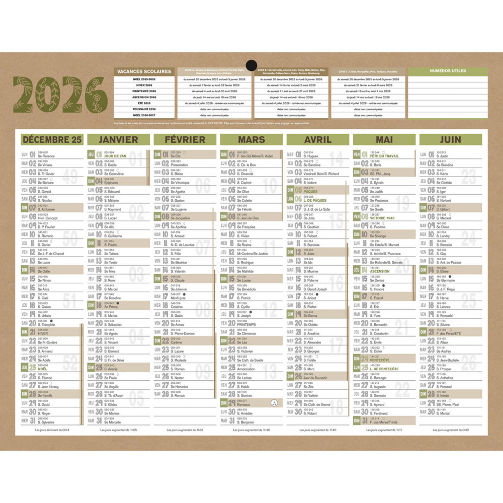 Bouchut Calendrier mural annuel Natura - 21 x 26,5 cm - 2026