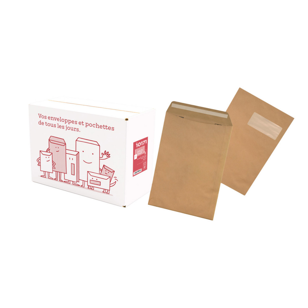 Pochette kraft brun C4 - 229 x 324 mm 90g - Fentre 110 x 50 mm - Autocollante bande protectrice - Lot de 250