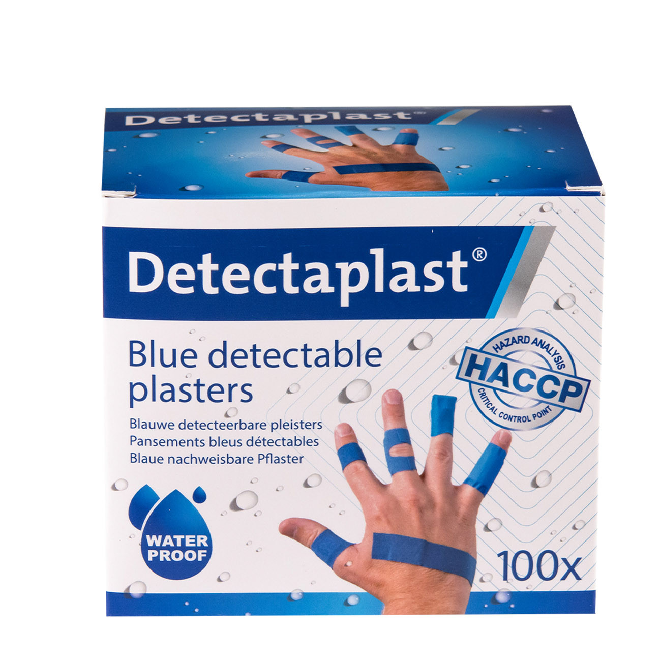 Detectaplast Pansement adhésif détectable bleu Waterproof en polyéthylène très résistant - HACCP - Assortiement - Boîte de 100