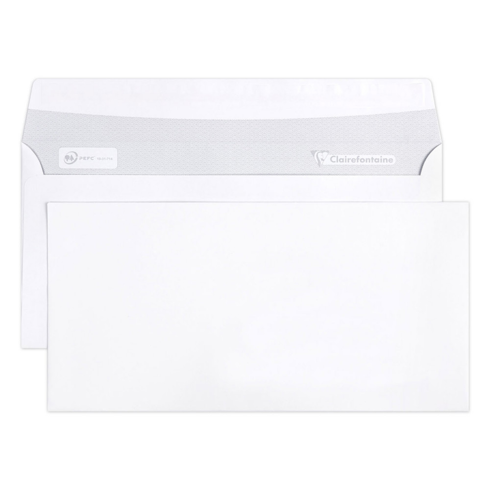 Clairefontaine Enveloppe blanche DL 110 x 220 mm 80g sans fentre - autocollante bande protectrice - Lot de 50