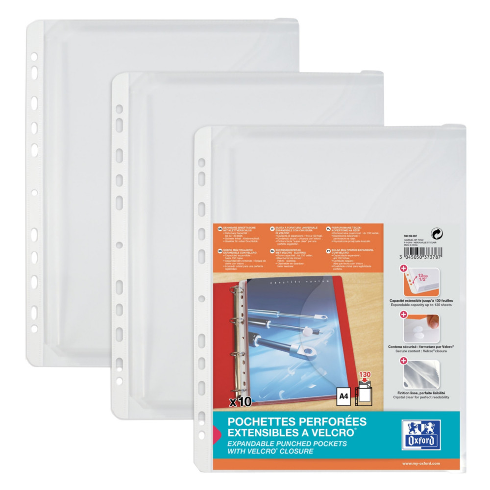 Oxford Pochettes perfores  soufflet et  Velcro A4 en PP grain 20/100e incolore - Lot de 10