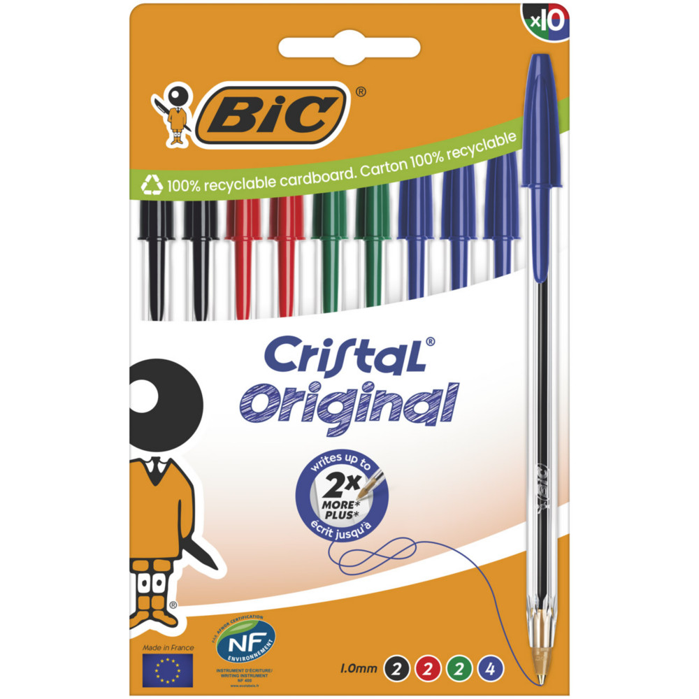 BIC Cristal Original Stylo bille  capuchon - pointe moyenne 1 mm - 4 couleurs assorties - Pochette de 10