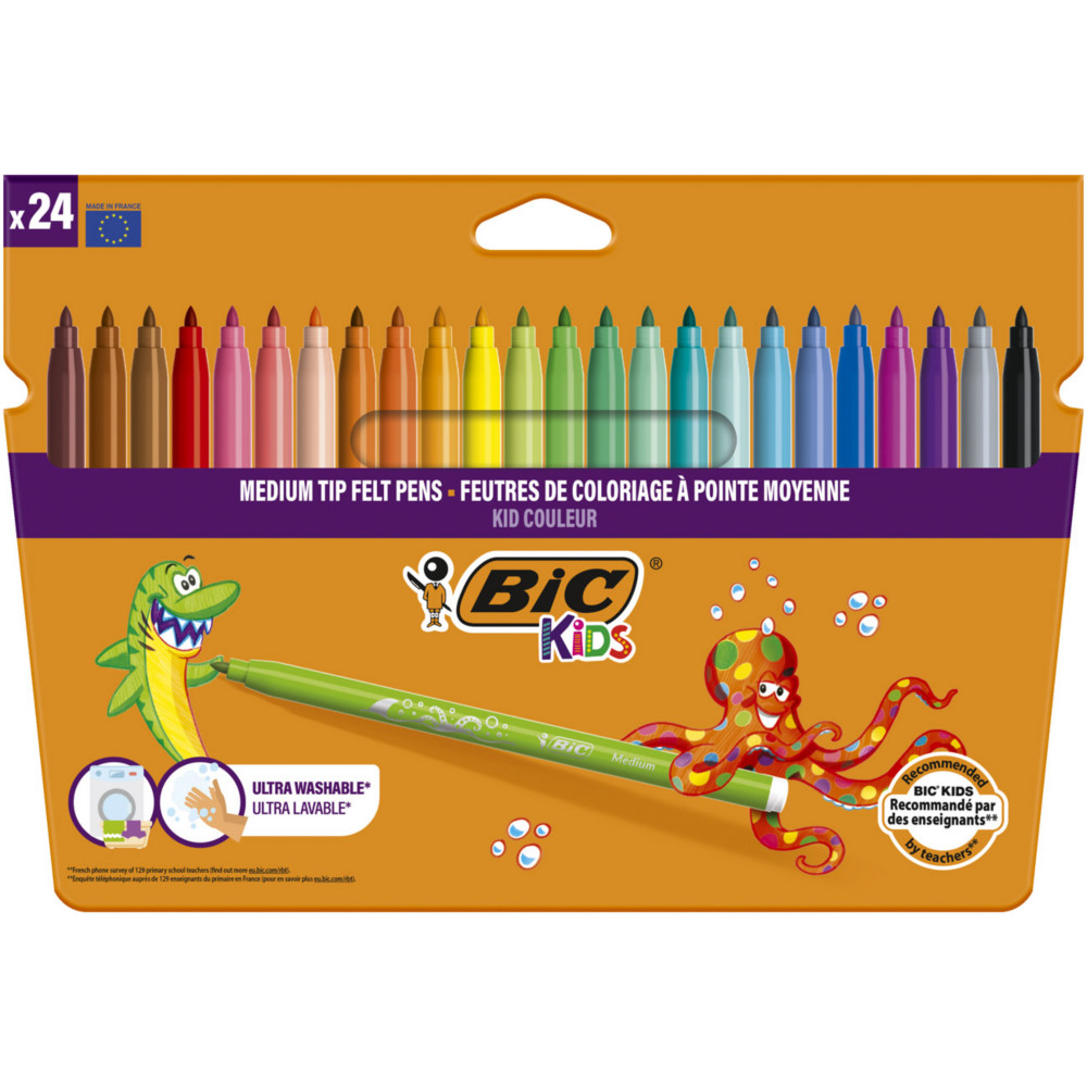 BIC Kids Couleur Feutres de coloriage pointe moyenne - Pochette de 24 couleurs assorties