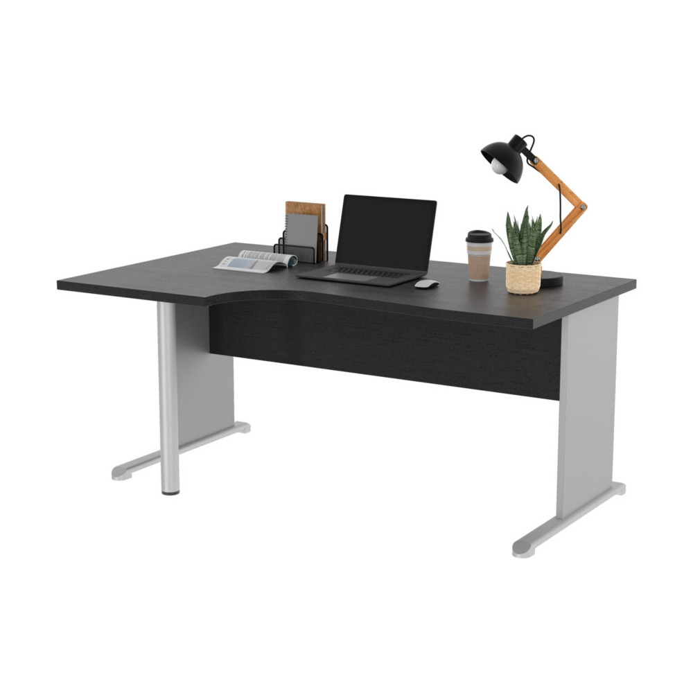 Bureau d'angle compact retour  gauche Pronto Bois - L.160 x P.100 cm - Plateau Noir - Pieds L Aluminium