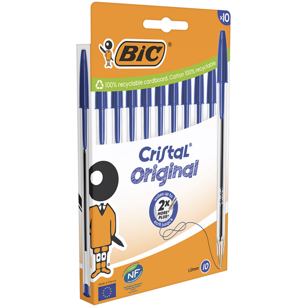 BIC Cristal Original Stylo bille  capuchon - pointe moyenne 1 mm - Bleu - Pochette de 10