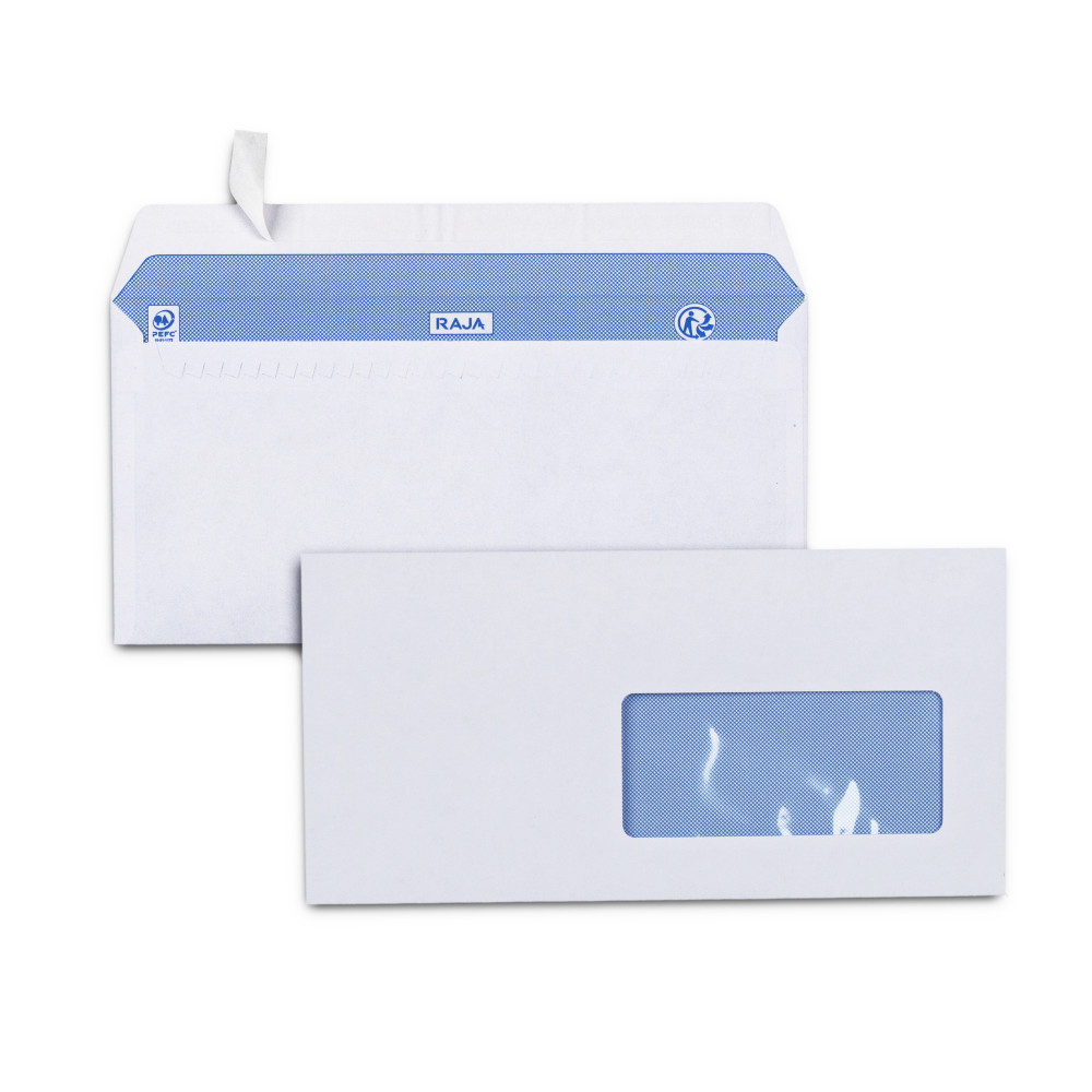 RAJA Enveloppe blanche Premium DL 110 x 220 mm 90g fentre 45 x 100 mm - autocollante bande protectrice - Lot de 500