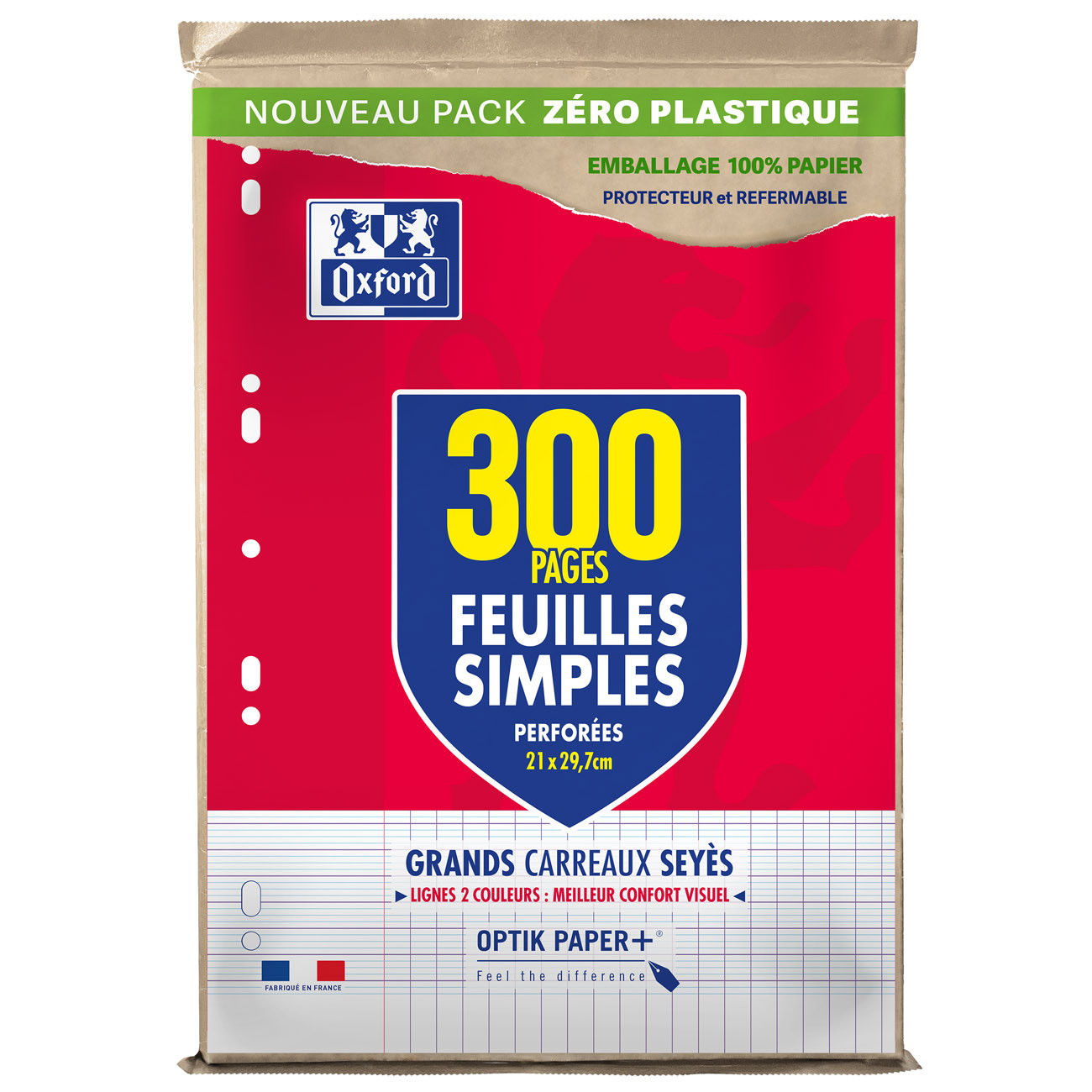 Oxford Feuille simple A4 perforé - Grands carreaux Seyes avec marge - Etui de 300 feuilles