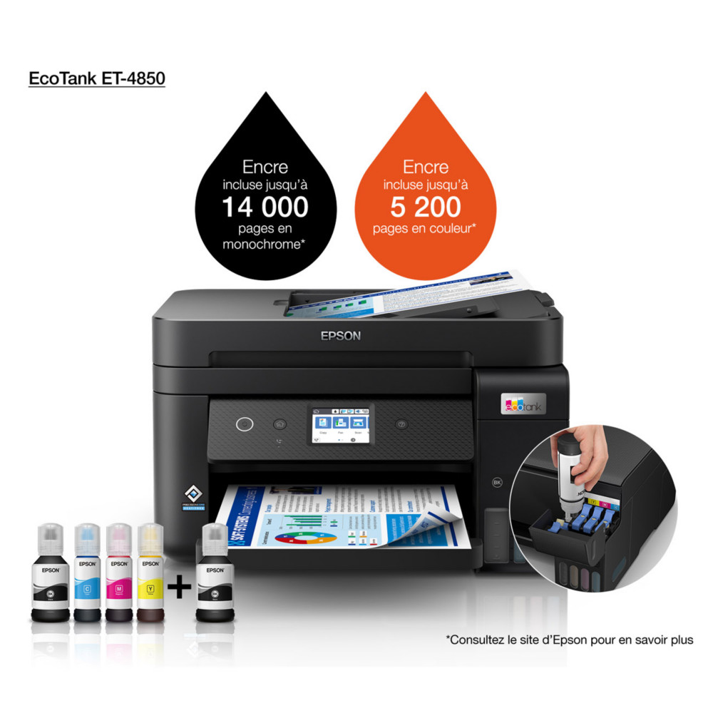 Epson EcoTank ET-4850 imprimante multifonction jet d'encre couleur A4  rservoirs d'encre - Wifi, rseau, usb