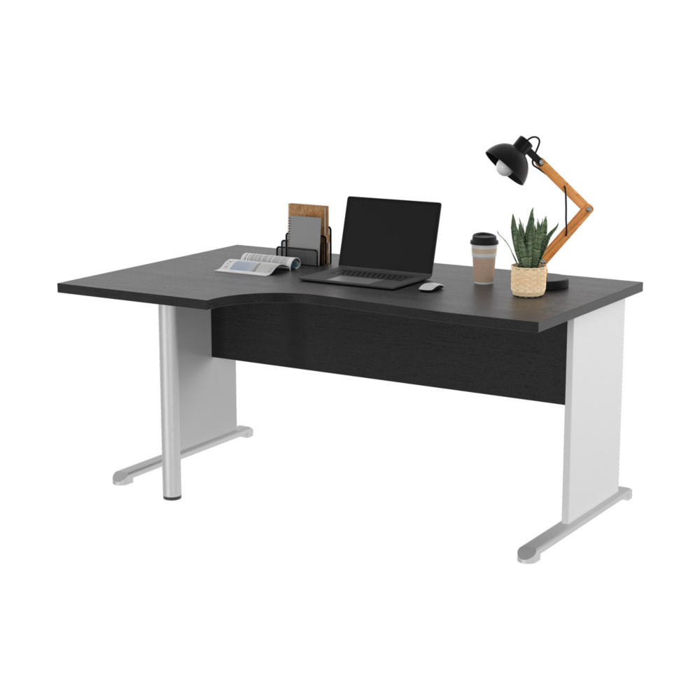 Bureau d'angle compact retour  gauche Pronto Bois - L.160 x P.100 cm - Plateau Noir - Pieds L Blanc