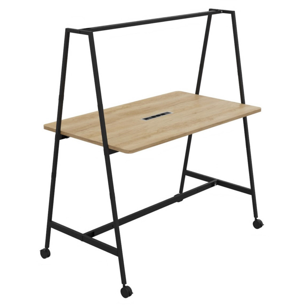 Table de coworking mobile rectangle Alto avec lectrification - H. 105 x L. 160 x P. 90 cm - Plateau Chne Nebraska - Pieds Noir