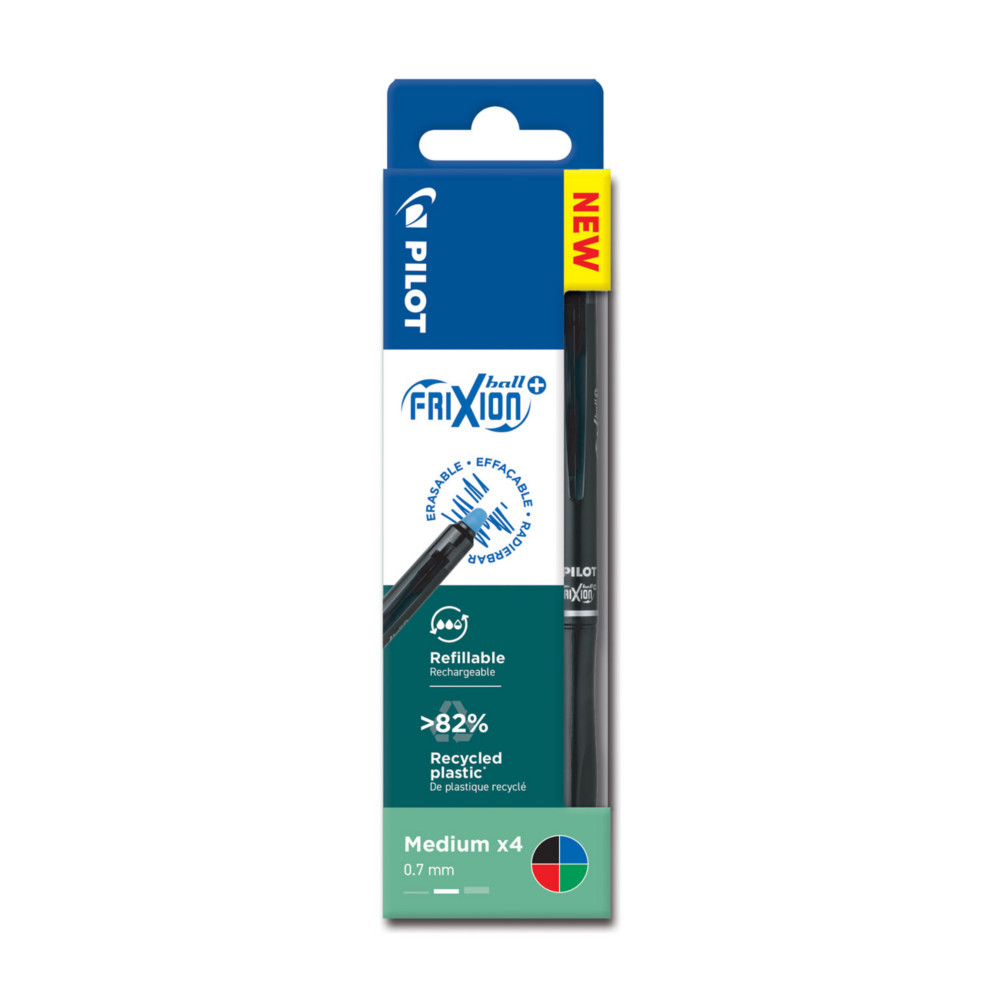 Pilot FriXion Ball Plus Begreen - Stylo roller encre gel effaable et rechargeable - Pointe moyenne - Pochette de 4 assortis