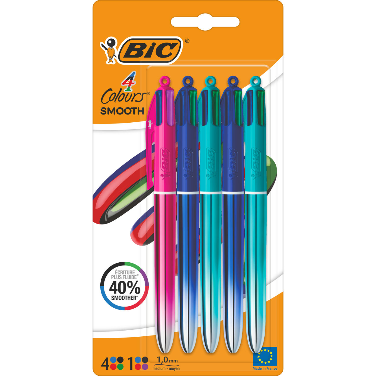 BIC+4+Couleurs+Smooth+Blister+de+5+-+Pointe+moyenne+1+mm+-+Corps+metallise+irise+bleu+fonce,+vert+et+rose