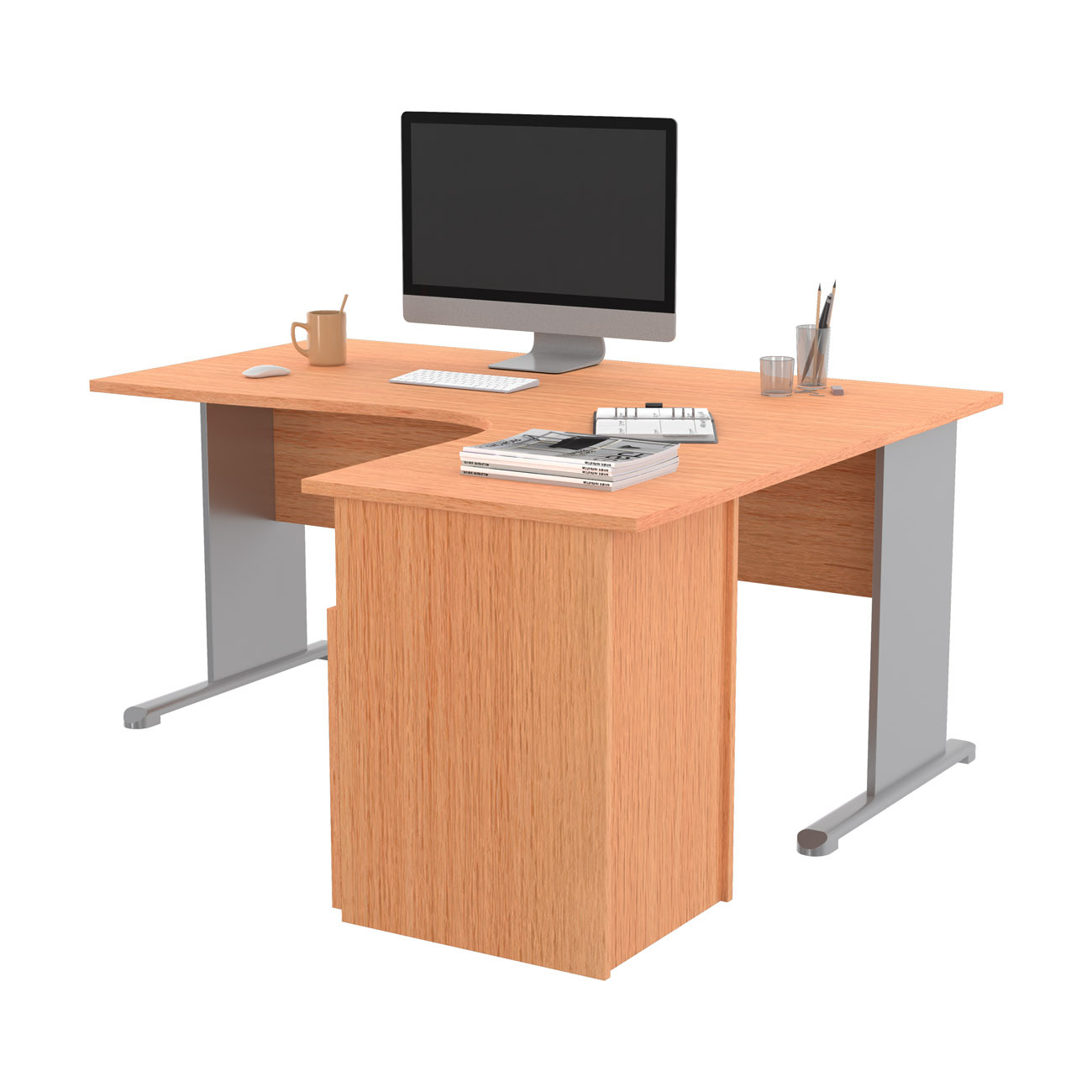 Pack Bureau d'angle compact retour à droite Pronto Bois - L.160 x P.100 cm - Plateau Hêtre - Pieds L Aluminium + Caisson hauteur bureau
