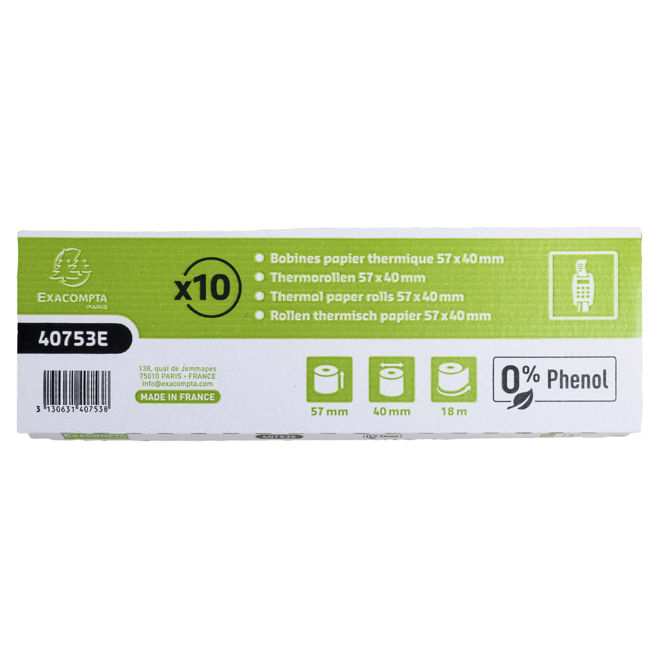 Exacompta Bobine TPE carte bancaire 57 x 40 x 12 mm Longueur 18M Rouleau papier thermique 1 pli 55g sans phénol Lot de 10