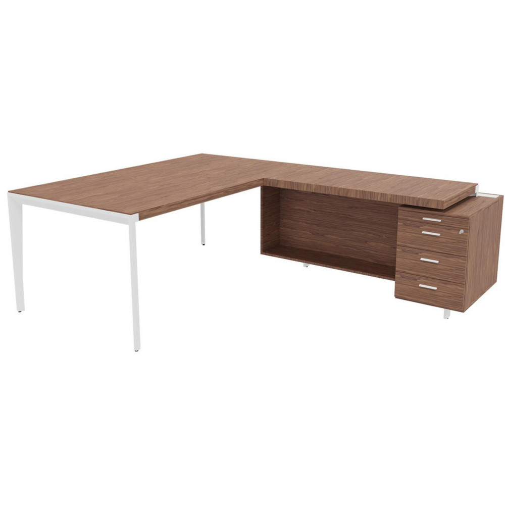 Bureau d'angle direction Arold 172 x 234 avec retour caisson porteur  droite Placage bois noyer - Pitement mtal blanc