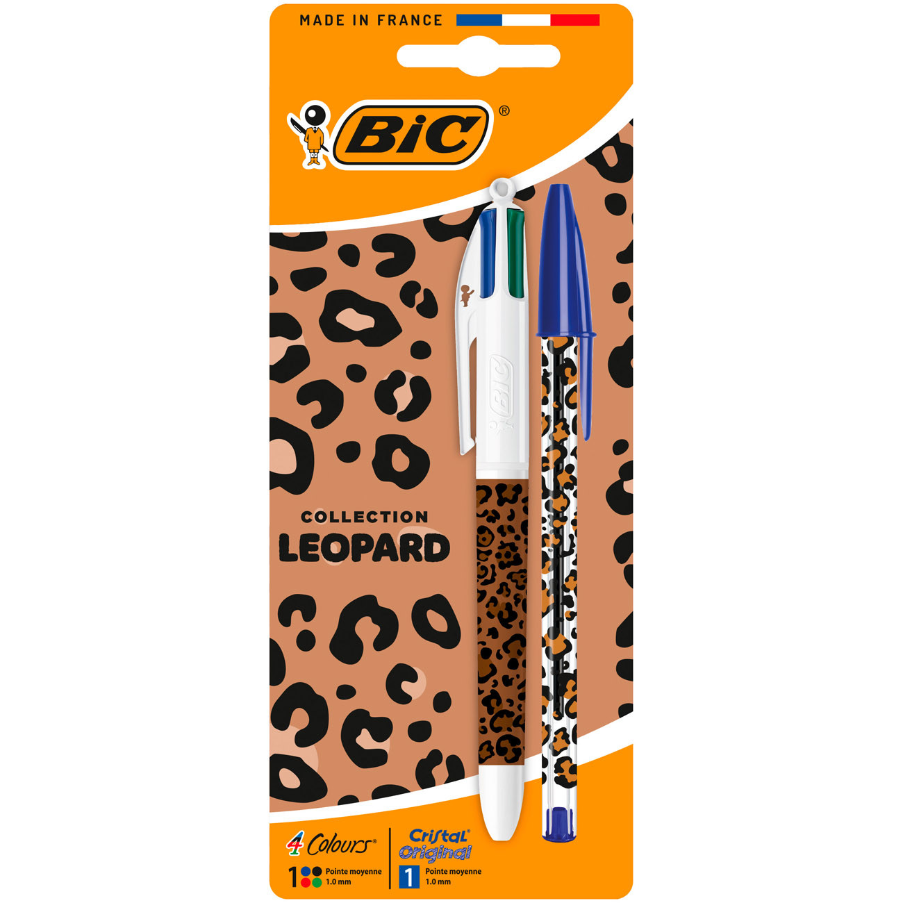 Bic Pack 1 Stylo 4 couleurs décor Léopard + 1 stylo Bic Cristal bleu décor Léopard - Blister de 2 stylos