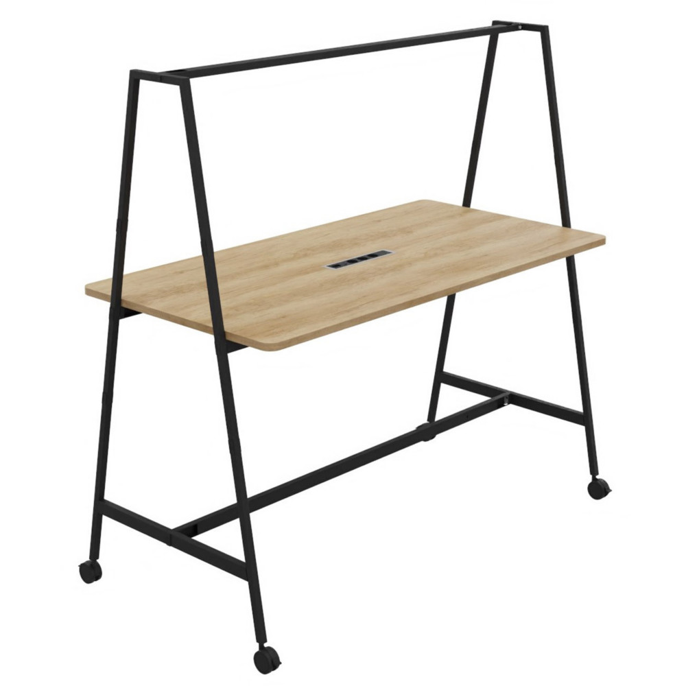 Table de coworking mobile rectangle Alto avec lectrification - H. 105 x L. 180 x P. 90 cm - Plateau Chne Nebraska - Pieds Noir