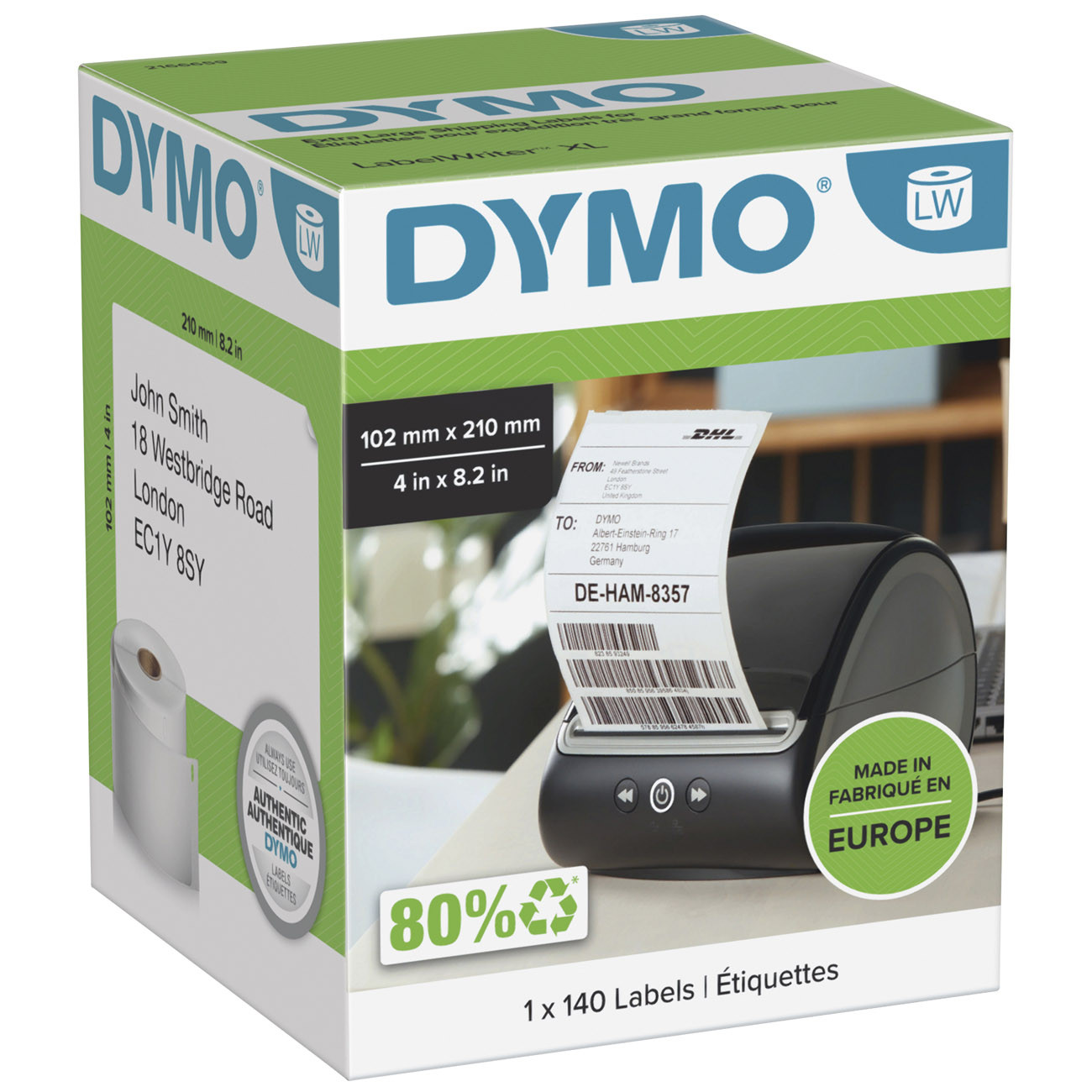 Dymo 2166659 Étiquettes LabelWriter 4XL / 5XL extra larges blanches autocollantes prédécoupées 102 x 210 mm pour colis DHL -  Rouleau de 140 étiquettes