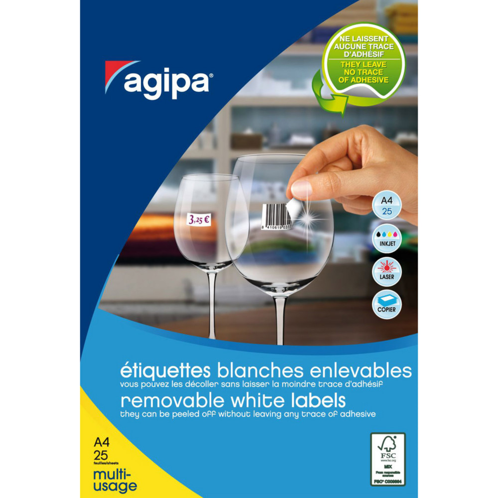 AGIPA 119646 Etiquettes blanches enlevables coins arrondis multi-usage 35,6 x 16,9 mm - Pochette de 2000