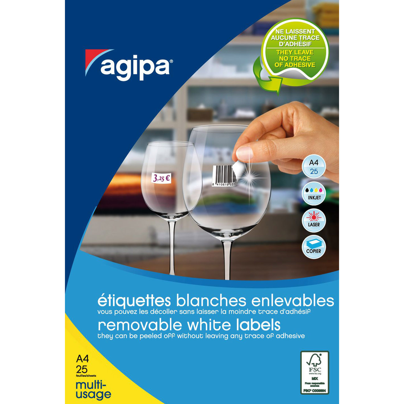 AGIPA 119601 Etiquettes blanches enlevables coins arrondis multi-usage 22 x 16 mm - Pochette de 3825