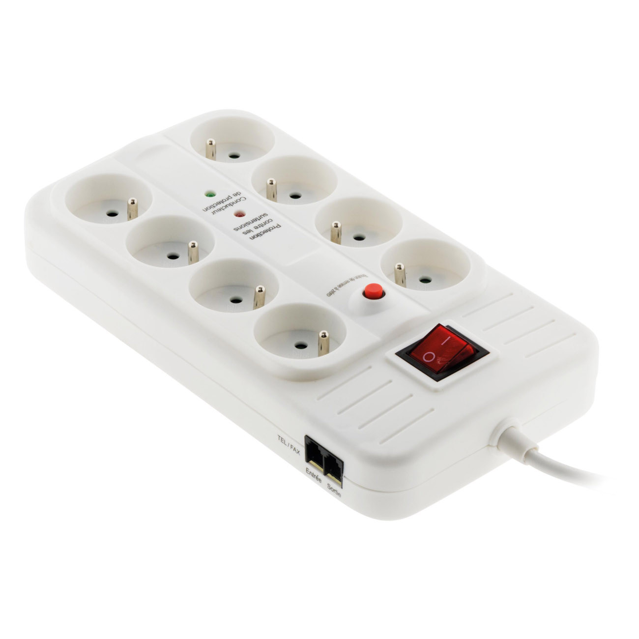 Zenitech Multiprise parafoudre 8 prises secteur 16A + Prise TV / TNT / Tel / ADSL - Avec interrupteur lumineux - Blanche